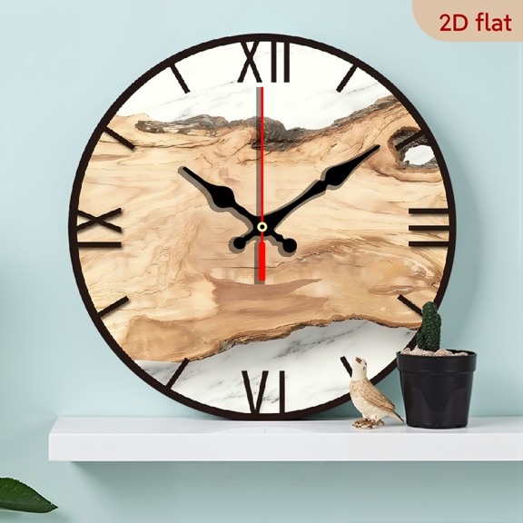 A two-dimensional flat "wooden stake" series silent circular wall clock. It is a home decoration item with a wooden wall-mounted design. It is suitable as a gift choice for Christmas or New Year.