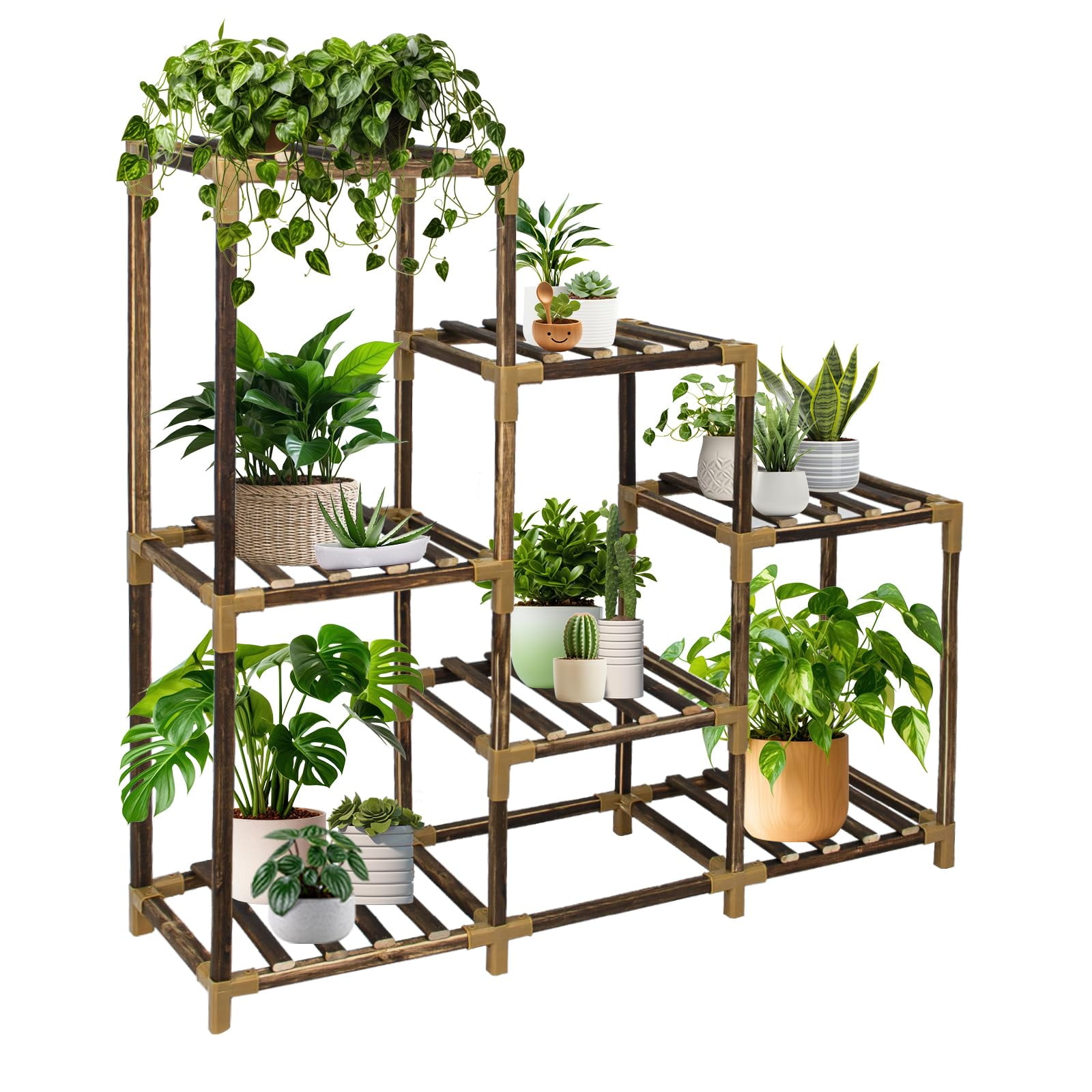 3-Tier Dark Brown Wood Plant Stand with Detachable Shelves