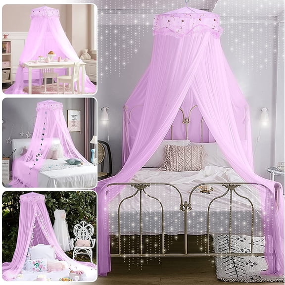 ty Bed Canopy for Girls, Princess Bed Curtain Net for Single to King Size,Bedroom Decoration of Round Lace Dome with Stainless Steel Hook,Quick Easy Installation (Purple)