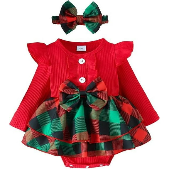 tylesilove Infant Baby Girls Red Ribbed Long Sleeve Christmas Plaid Romper Dress & Headband 2pcs Holiday Outfit (3-6 Months)