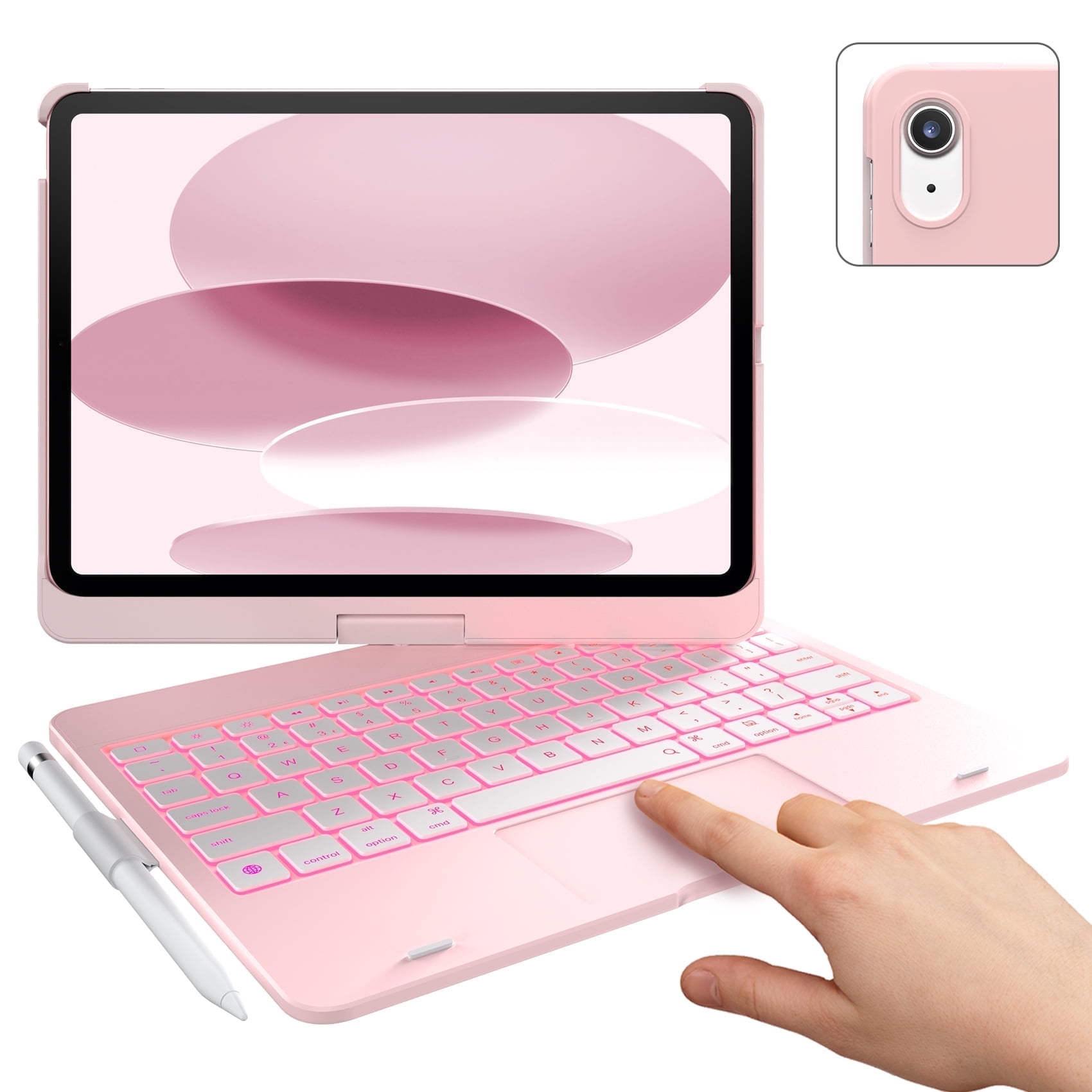 typecase Touch Case with Keyboard for iPad 11th(A16, 2025) & iPad 10th Gen(10.9", 2022), Trackpad, 11 Color Backlight, 360° Rotatable with Pencil Holder - Light Pink