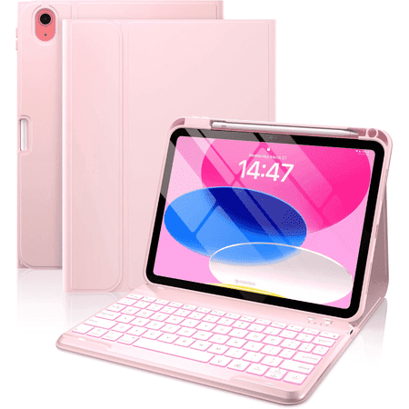 typecase Keyboard Case for iPad 10th Generation 10.9 inch, Wireless Detachable Folio Keyboard Cover, Pencli Holder, 7-Color, Thin & Light, Pink