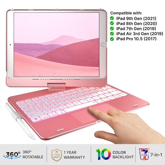 typecase iPad Keyboard Case with Touch for iPad 9th Generation, 8th/7th Gen - Backlight Wireless Keyboard, 360° Protective Cover with Pencil Holder for 10.2" iPad Air 3, Pro 10.5 (Rose Gold)