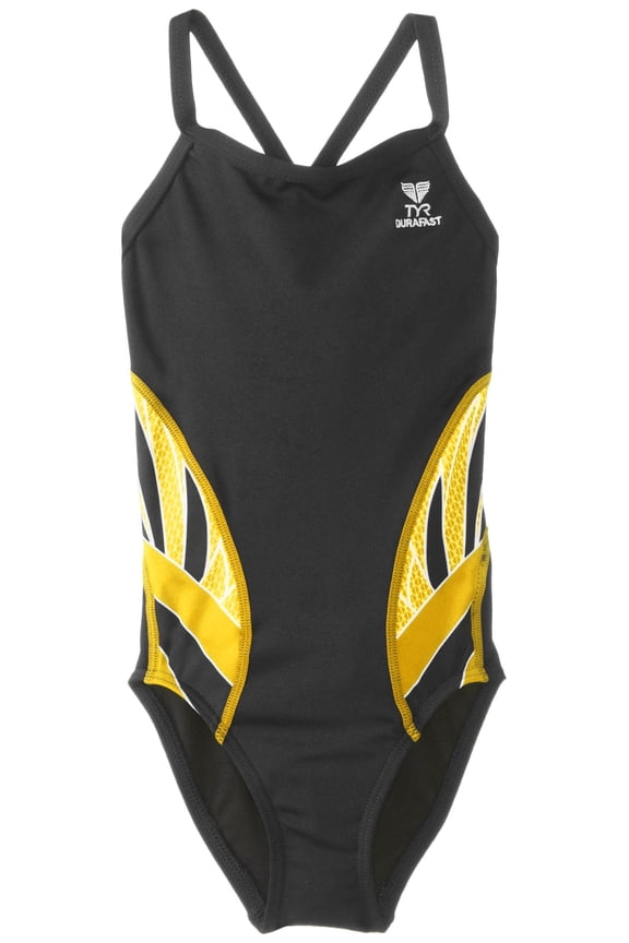 girls' phoenix splice diamondfit back swimsuit (black gold, 24)