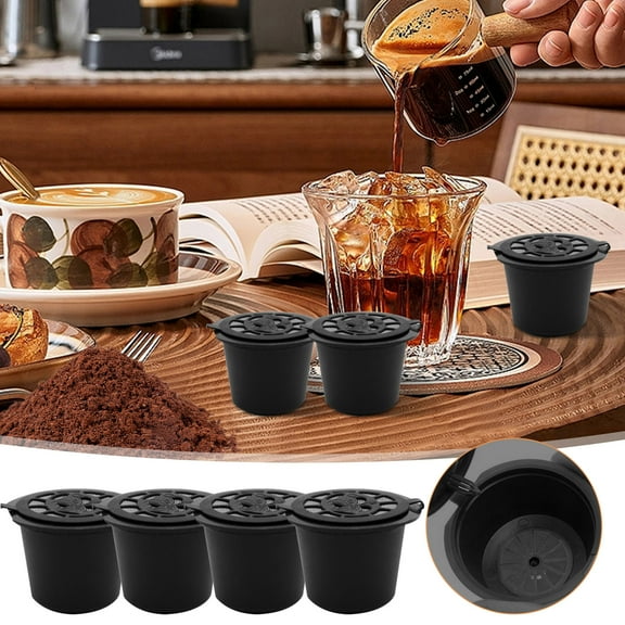 tzyudk 4pcs Refillable Reusable Coffee Capsule Pods Cup With 1 Coffee Spoon And 1 Brush Affordable Useful Black Plastic
