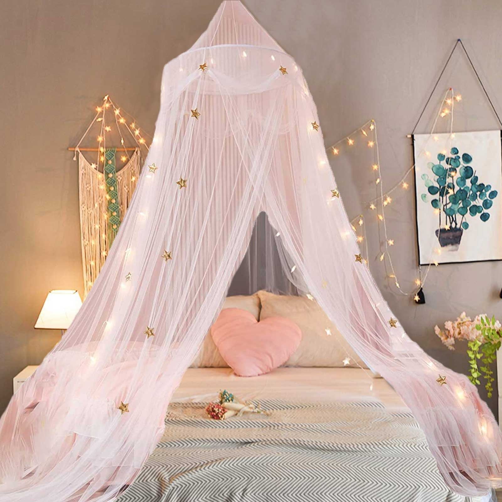 tzyudk Bed Canopy with Lights for Girls, Gold Star Princess Crib Canopy ...