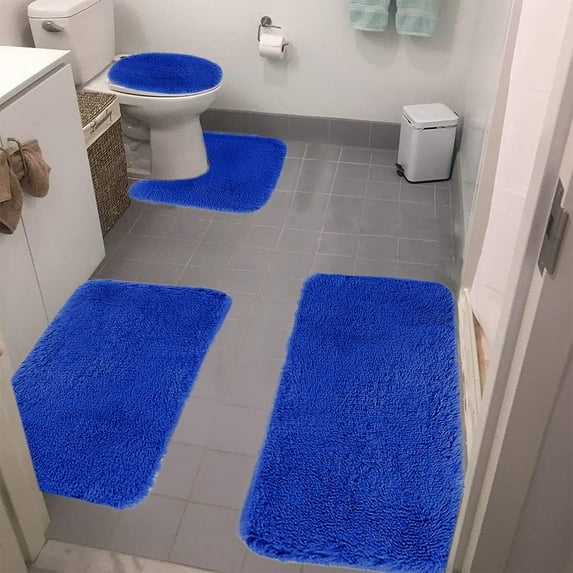 tzyudk Solid Color Bathroom Rugs Sets 4 Piece Memory Foam Non Slip Bath Mats for Bathroom Floor, U-Shaped Contour Toilet Rug, Soft Washable Dry Dark Bathroom Rugs Sets(Blue)