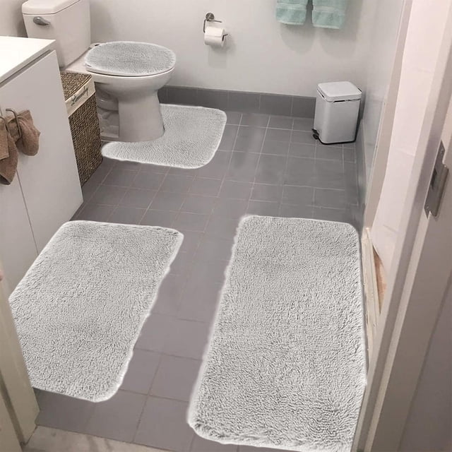 tzyudk Solid Color Bathroom Rugs Sets 4 Piece Memory Foam Non Slip Bath Mats for Bathroom Floor, U-Shaped Contour Toilet Rug, Soft Washable Dry Dark Bathroom Rugs Sets(Gray)