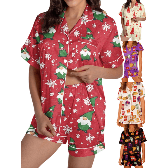 uGJHIO Pajamas for Women Set Silk Short Sleeve and Shorts Graphic Soft Button Down Lapel Collar Shirts Sleepwear Satin Two Piece Matching Pj Lounge Sets