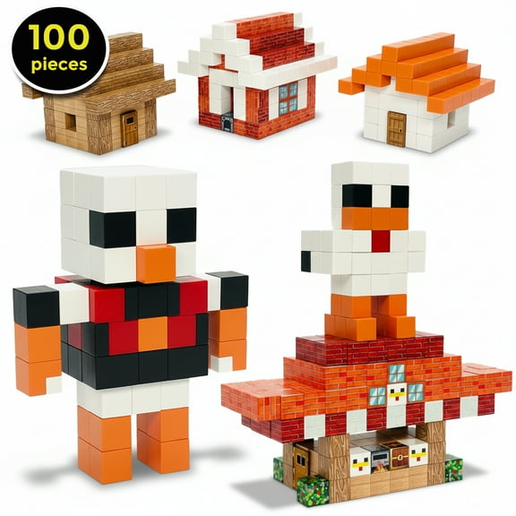 uMadeUs Magnetic Blocks Building Set - Puzzle Cubes as STEM Toys for Kids - Toddlers Sensory Construction Tiles - Ages 3+ Creative Educational Games for Boys and Girls - 100-pc Lava Chicken Theme