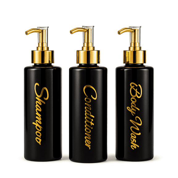 uMadeUs Shampoo and Conditioner Dispenser - Essentials Toiletry Bottles - Shower Refillable Shampoo and Body Wash Soap Pump Bottle – 3x 16oz Containers - Round Black All Gold 2