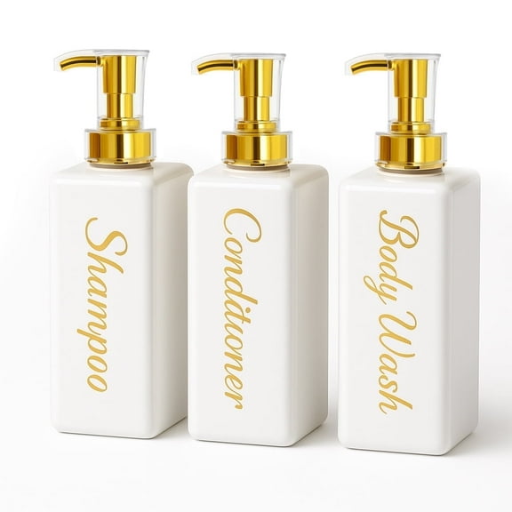 uMadeUs Shampoo and Conditioner Dispenser - Essentials Toiletry Bottles - Shower Refillable Shampoo and Body Wash Soap Pump Bottle – 3x 16oz Containers - Square White Gold 1