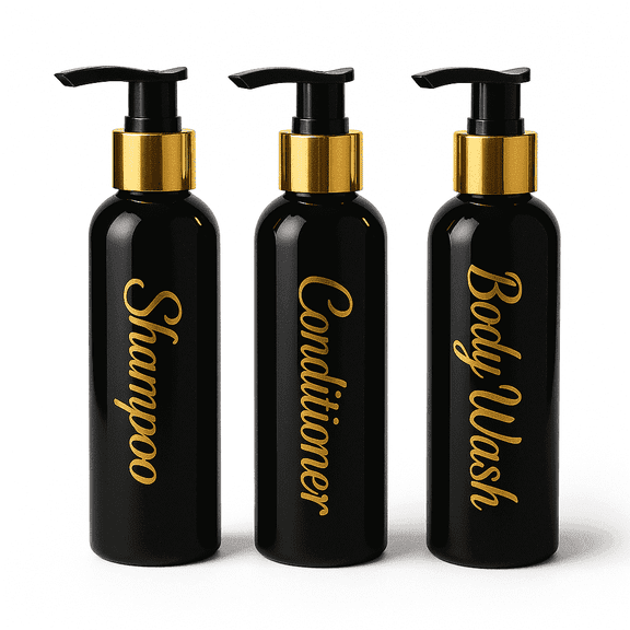 uMadeUs Shampoo and Conditioner Dispenser - Essentials Toiletry Bottles - Shower Refillable Shampoo and Body Wash Soap Pump Bottle – 3x 3oz Containers - Round Black Gold 1