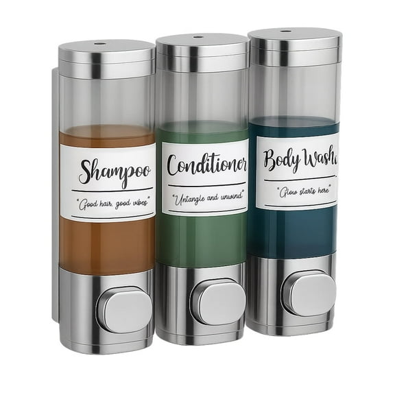 uMadeUs Soap Dispenser - 3 Chamber - Wall Mount - No Drill Bottles Organizer, Toiletries for Cream Lotion Liquid Soaps, Shampoo Conditioner Storage, Bathroom Kitchen Shower Decor Set – Silver