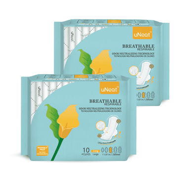 uNeat Long Pads for Women, Size 3, Unscented Cotton Overnight Sanitary Napkins with Wings, 20 Ct