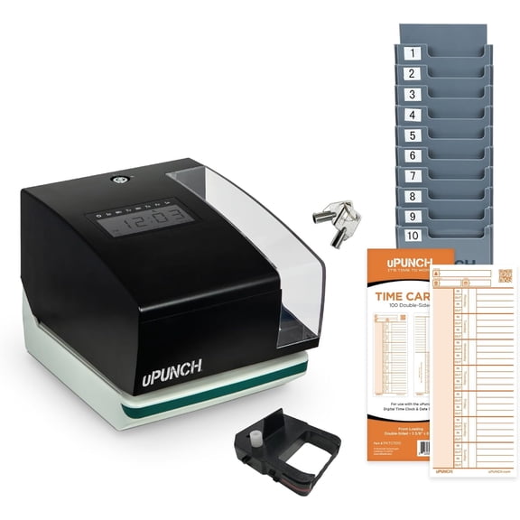 uPunch Digital Time Clock and Date Stamp Bundle Includes Punch Clock, 100 time Cards, 10-Slot Rack, 2 Keys, and 1 Ribbon (PK1100)