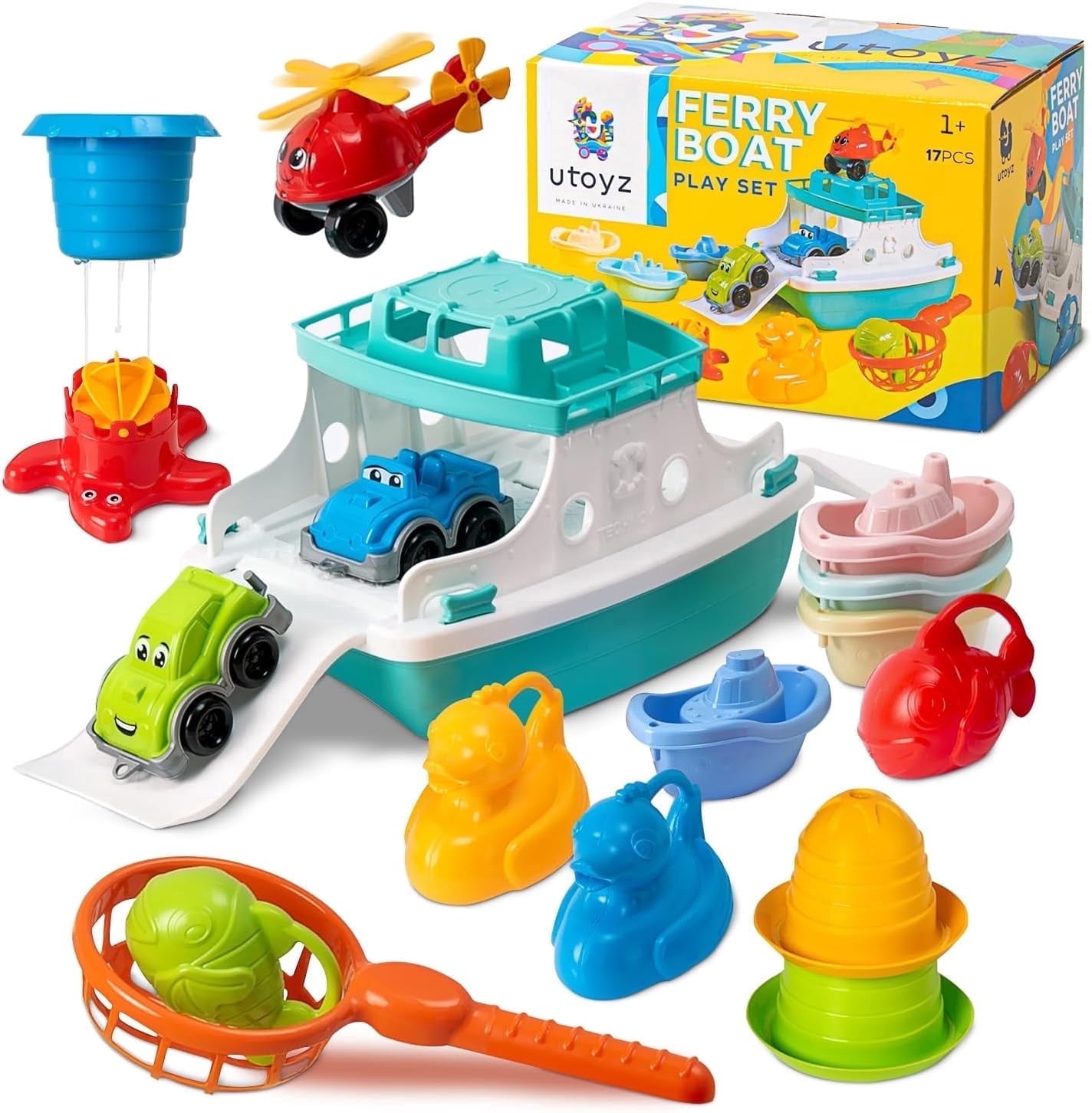 uToyz Ferry Boat Bath Toy Set 17-Piece Toddler Water Play Set