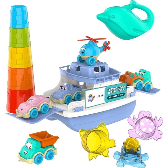 UTOYZ Ferry Fun and Friends Bath Toy Play Set for Toddlers 12 Months and up, 15 Piece