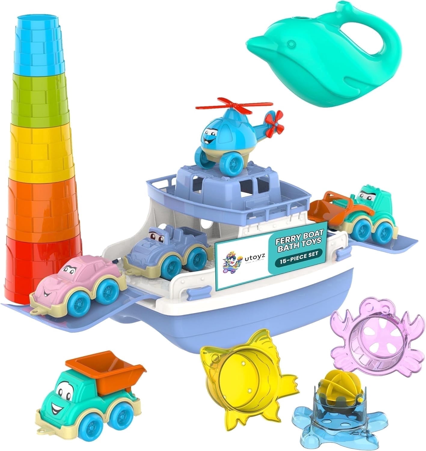 UTOYZ Ferry Fun and Friends Bath Toy Play Set for Toddlers 12 Months and up, 15 Piece