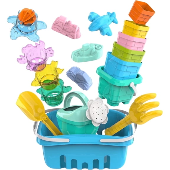 uToyz Splash & Sand Set – Beach Toys for Toddlers with 18 Pcs Stacking Cups, Watering Can, Bucket & Storage Basket. Summer Toys for Kids Ages 1+