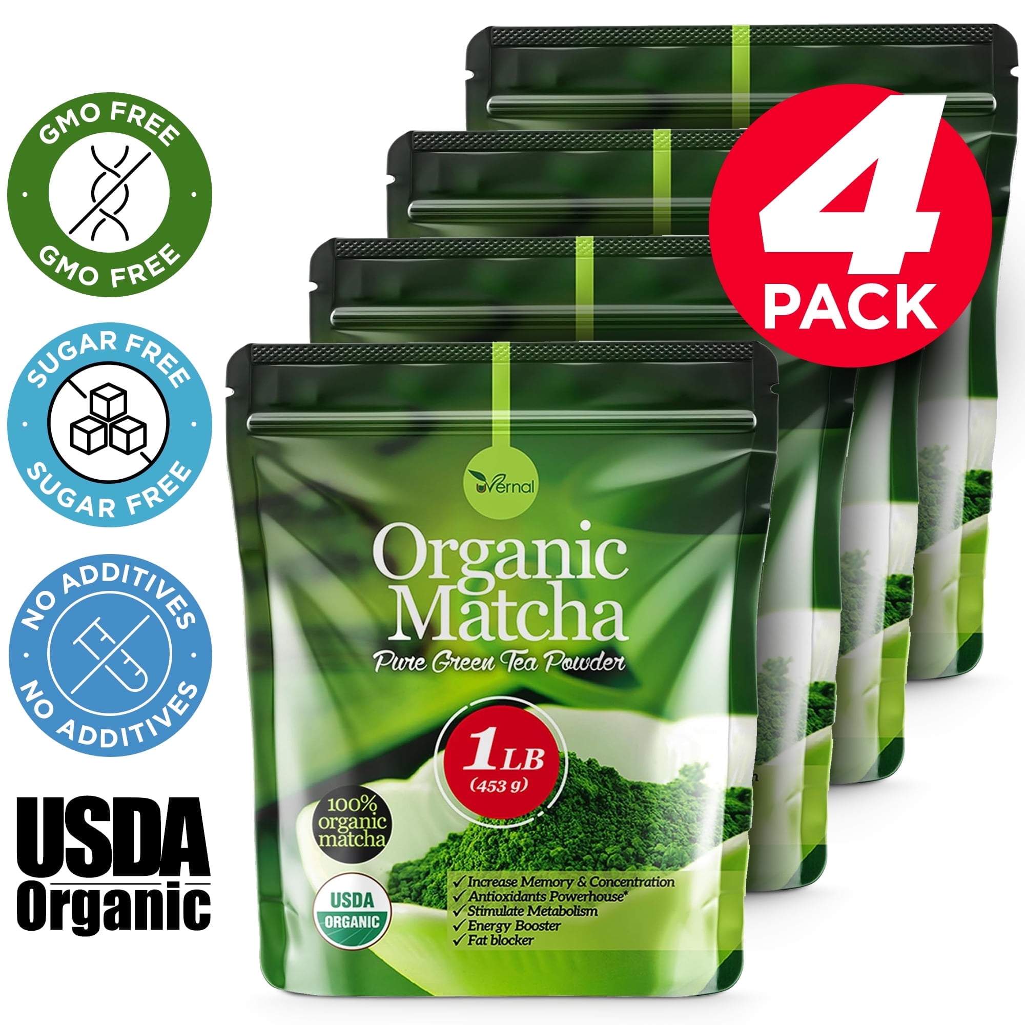 uVernal 4 Pack Organic Matcha Green Tea Powder - 100% Pure Matcha for Smoothies Latte and Baking Easy to Mix -1LB