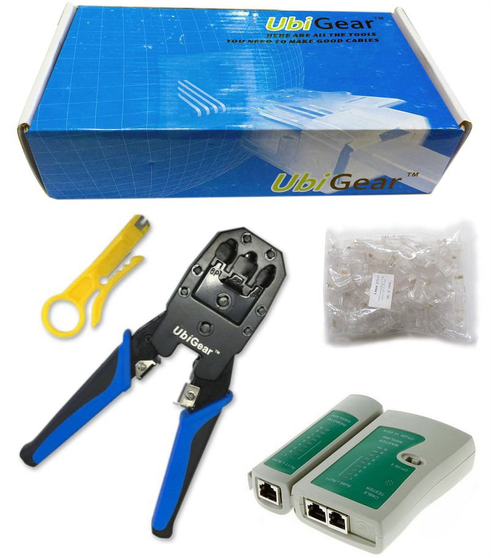[P].[AMZ_BRAND] ubigear cable tester + crimp crimper + 100 pcs rj45 cat5 cat5e connector plug network tool kits