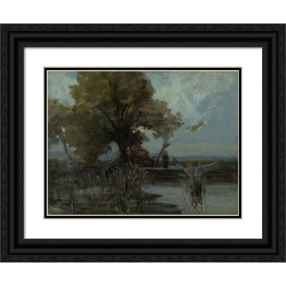 Ľudovít Čordák 24x19 Black Ornate Framed Double Matted Museum Art Print Titled: Shrubly Tree at the Lake (1895-1905)