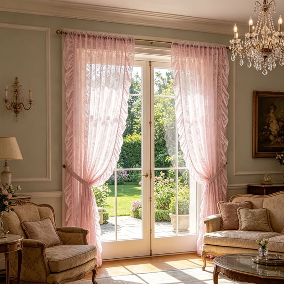 ufehgfjh French Style Girly Curtains Drill Free Lace Sheer Drapes with Ruffled Edges for Living Room Kitchen Bay Windows