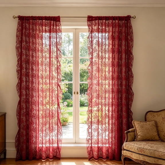 ufehgfjh French Style Girly Curtains Drill Free Lace Sheer Drapes with Ruffled Edges for Living Room Kitchen Bay Windows
