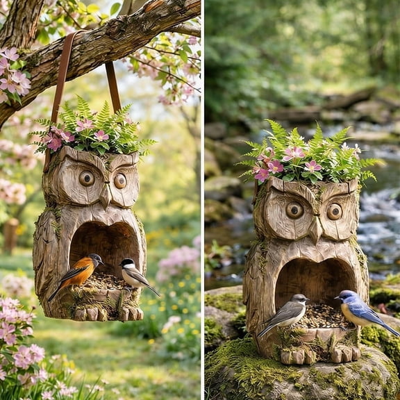 ufehgfjh Resin Wood-Look Owl Feeder Hanging Outdoor Decorative Feeding Station Rustic Garden Pot Tray Weather-Resistant Seed And Bath Station For Patio Yard Wildlife Attraction Garden Art