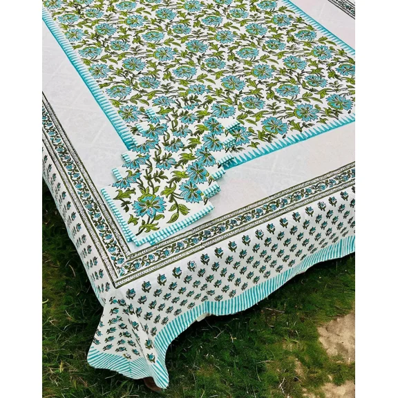 ugana Craft Block Print Floral Cotton Tablecloth with Napkins Set, 6 Seater Farmhouse Table Cover