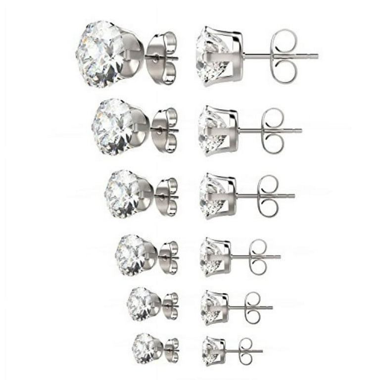 Stainless Steel Stud Earrings with Screw Back Hypoallergenic Black and  Silver Cubic Zirconia Earrings Studs for Women Men (6 Pairs) 
