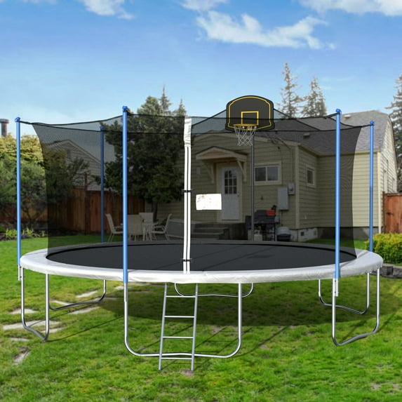 uhomepro 16-Foot Kids Trampoline with Basketball Hoop, Outdoor Trampoline with Safety Enclosure Net, Circular Trampolines for Adults Kids, Family Jumping and Ladder, Kids Basketball Trampoline