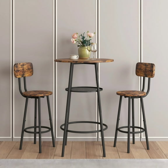 UHOMEPRO 3-Piece Dining Room Bar Table Set for 2, Double Layer Round Bar Table and Chairs Set Industrial Counter Height Pub Table with 2 Stools and Metal Frame, Rustic Brown