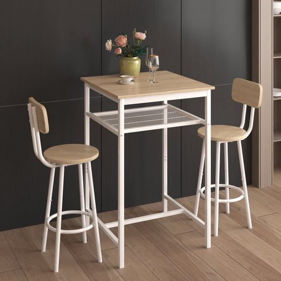 uhomepro 3-Piece Dining Room Bar Table Set for 2, Modern Bar Table and Chairs Set Industrial Counter Height Pub Table with 2 Wood Stools and Metal Frame, Wood