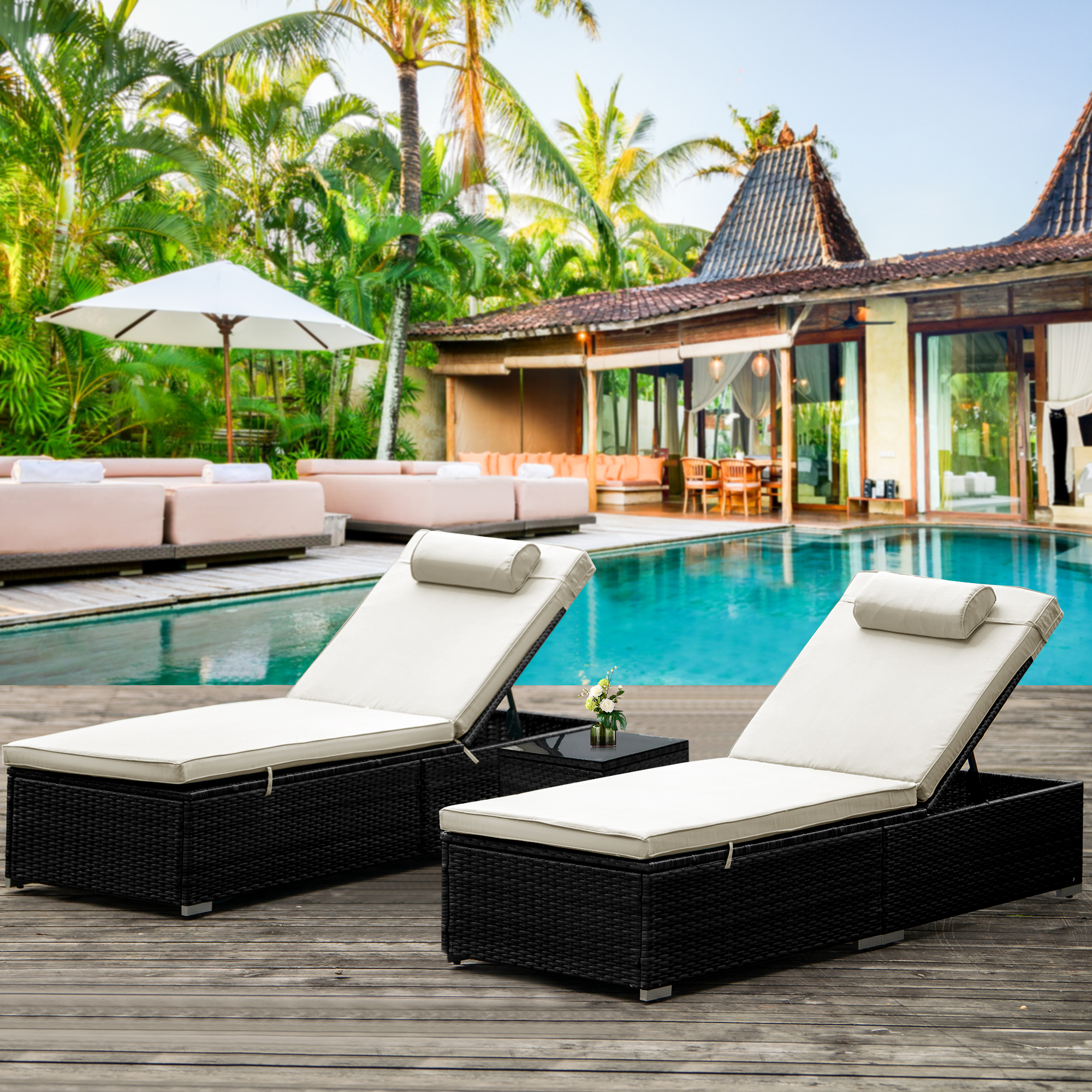 uhomepro 3-Piece Outdoor Patio Furniture Set Chaise Lounge, Patio Reclining Rattan Lounge Chair Chaise Couch Cushioned with Glass Coffee Table, Adjustable Back and Feet, Lounger Chair for Pool Garden - image 1 of 11