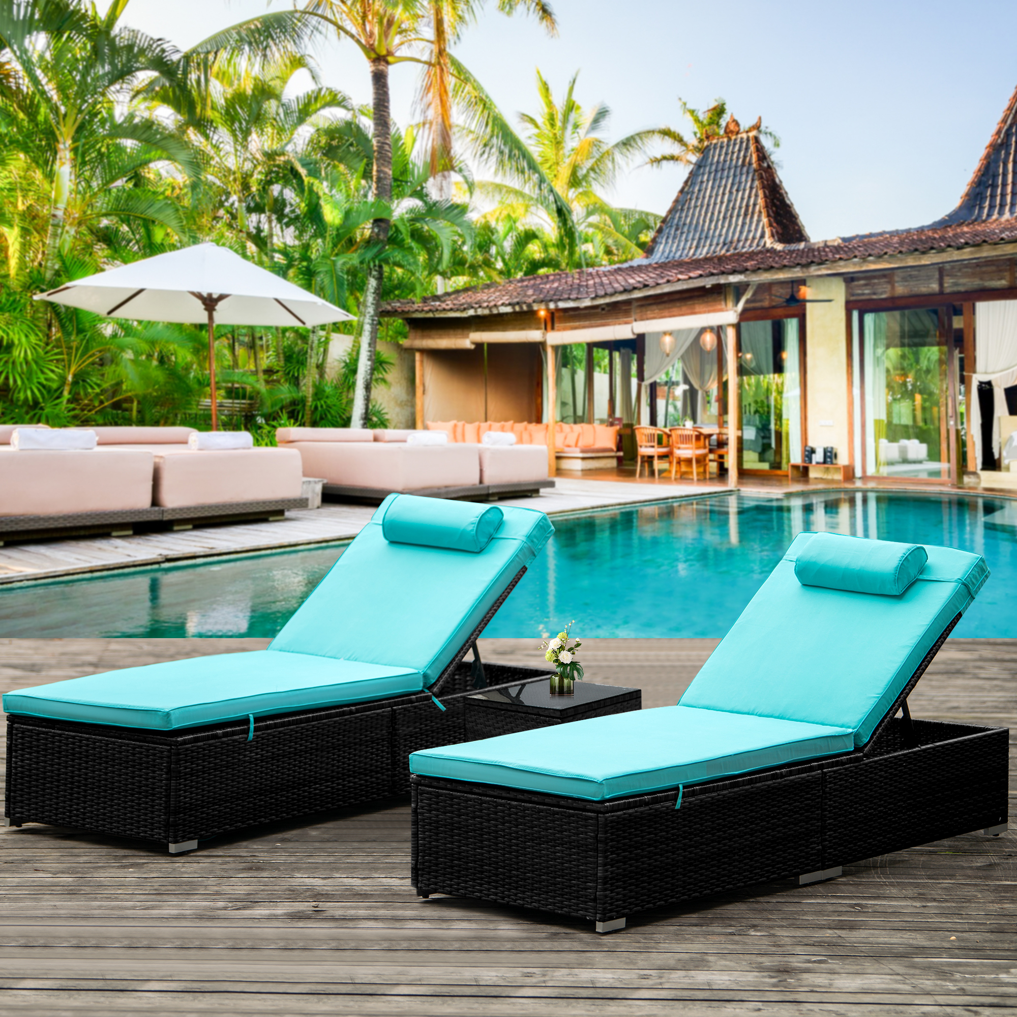 uhomepro 3-Piece Outdoor Patio Furniture Set Chaise Lounge, Patio Reclining Rattan Lounge Chair Chaise Couch Cushioned with Glass Coffee Table, Adjustable Back and Feet, Lounger Chair for Pool Garden - image 1 of 12