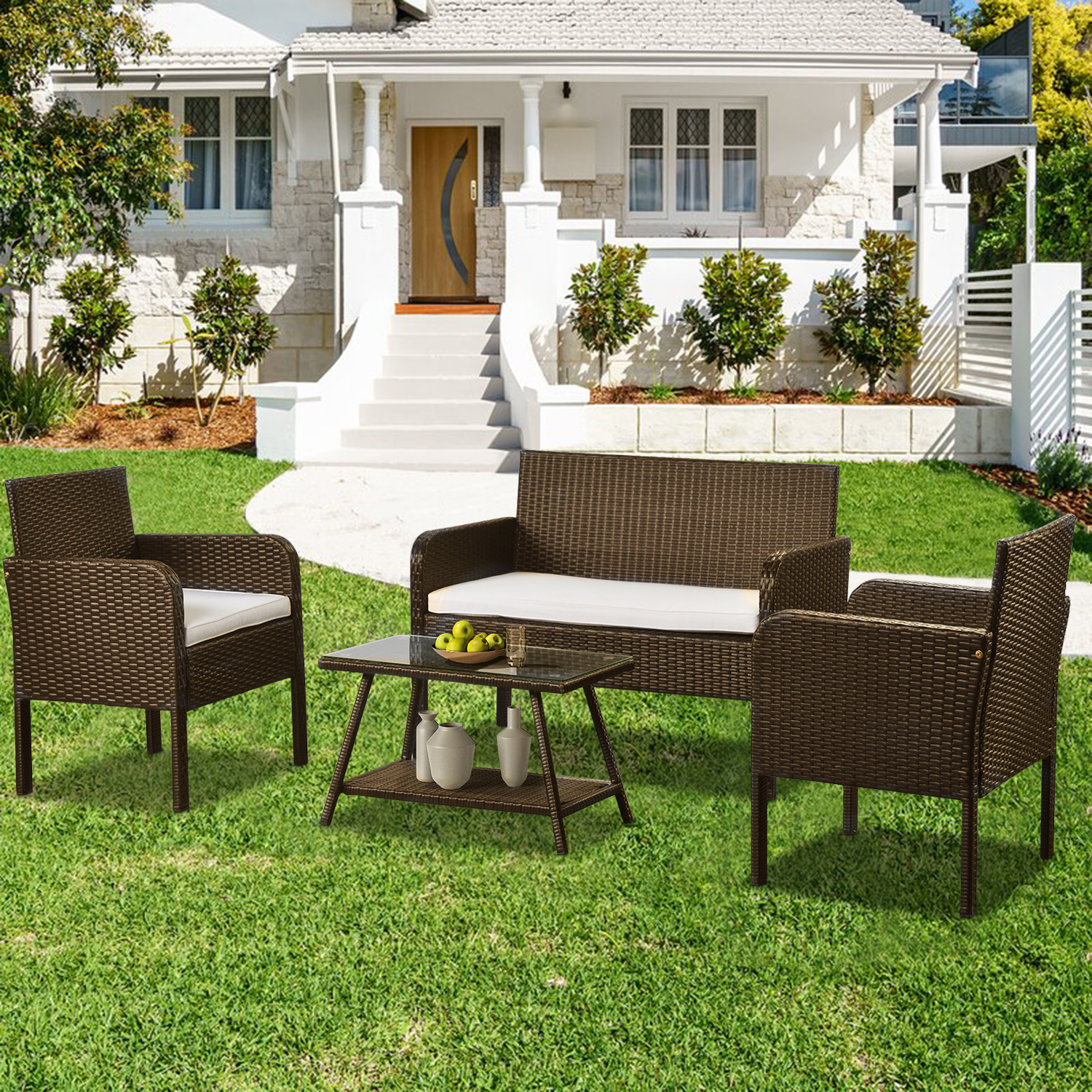 uhomepro 4 Piece Bistro Patio Set, Rattan Wicker Outdoor Patio Furniture with 2pcs Arm Chairs, 1pc Love Seat, Coffee Table Beige, Cushion, Dining Set for Backyard Poolside Garden - image 1 of 7
