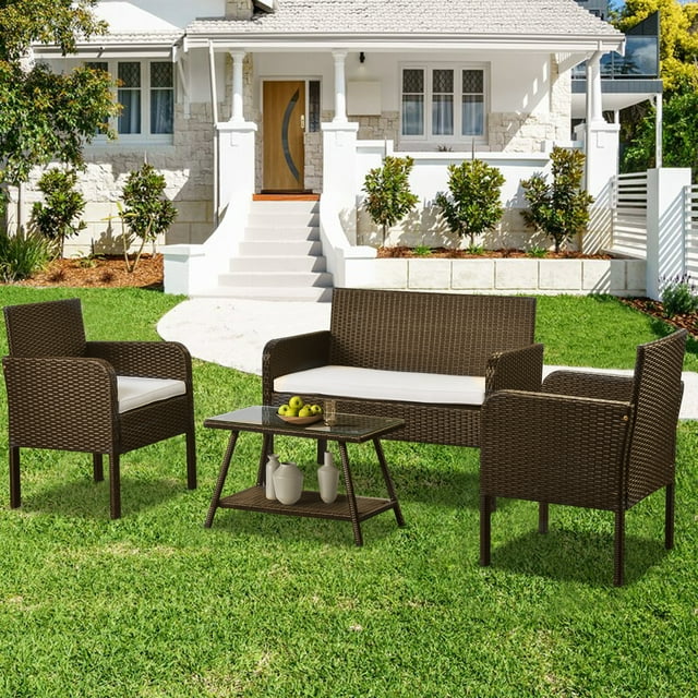 uhomepro 4 Piece Bistro Patio Set, Rattan Wicker Outdoor Patio Furniture with 2pcs Arm Chairs, 1pc Love Seat, Coffee Table Beige, Cushion, Dining Set for Backyard Poolside Garden