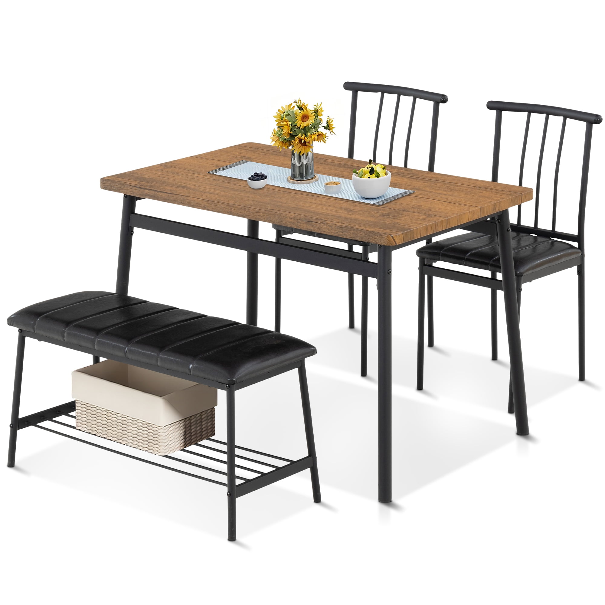 uhomepro 4 Piece Kitchen Dining Table and Chair Set, Brown and Black