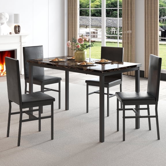 UHOMEPRO 5 Pieces Dining Table Set, Marble Top Dining Table and Chairs Set for 4, Brown Sturdy Iron Frame Dining Room Table Set with 4 PU Leather Chairs for Small Dining Room