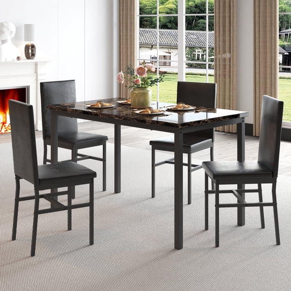 UHOMEPRO 5 Pieces Dining Table Set, Marble Top Dining Table and Chairs Set for 4, Brown Sturdy Iron Frame Dining Room Table Set with 4 PU Leather Chairs for Small Dining Room