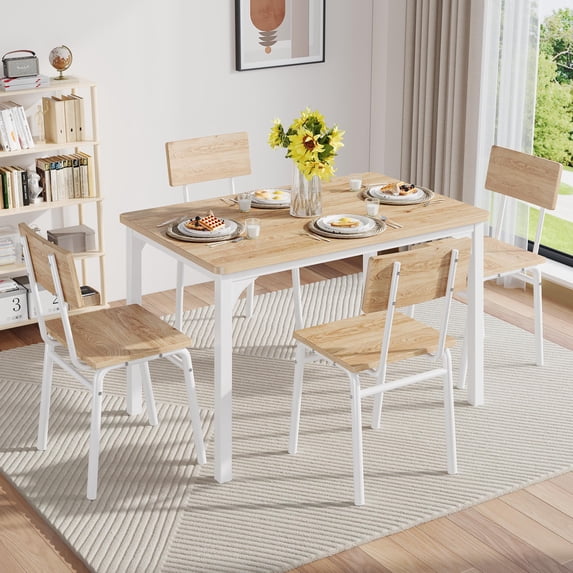 UHOMEPRO 5 Piece Dining Room Table Set, Farmhouse Dining Table Set for 4 with Chairs, Wood Rectangle Kitchen Table Set for Dining Room, Kitchen and Apartment, Natural