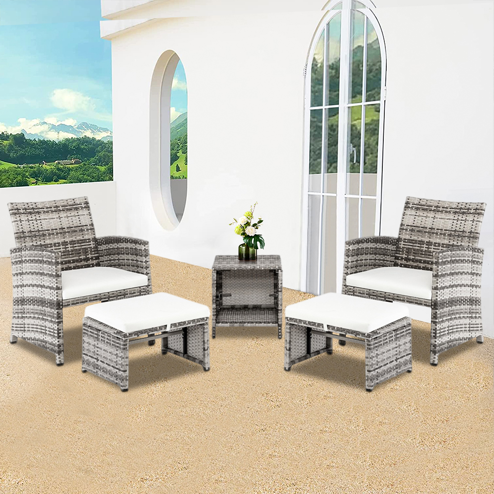 uhomepro 5 Piece Wicker Bistro Patio Sets, PE Wicker Rattan Patio Furniture Set, Cushioned Patio Chair Set of 2 with Two Ottomans, Coffee Table, Outdoor Porch Furniture Conversation Set, Q9845 - image 1 of 12