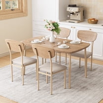 UHOMEPRO Dining Table Set for 4, Farmhouse Wood Kitchen Table Set with 4 Fabric Upholstered Chairs, Curved Table Design, Dining Room Table Set for Dining Room, Kitchen and Apartment, Natural Beige