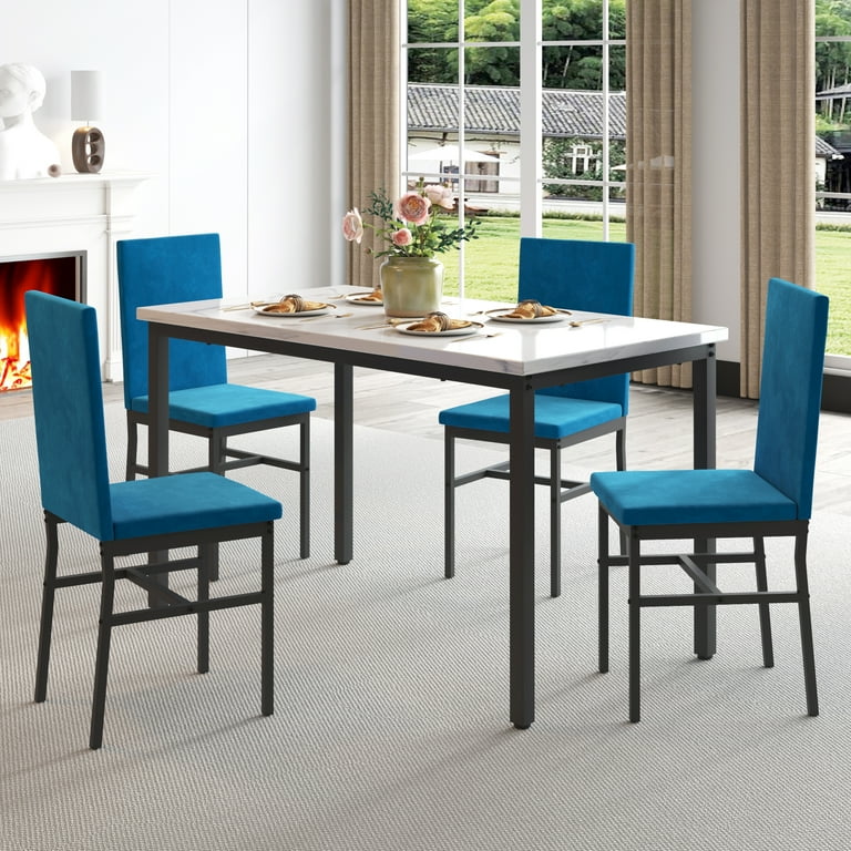 uhomepro 5 Pieces Dining Table Set Elegant Marble Top Kitchen Table and Chairs for 4 Metal Frame Table and 4 Velvet Upholstered Chairs Perfect for
