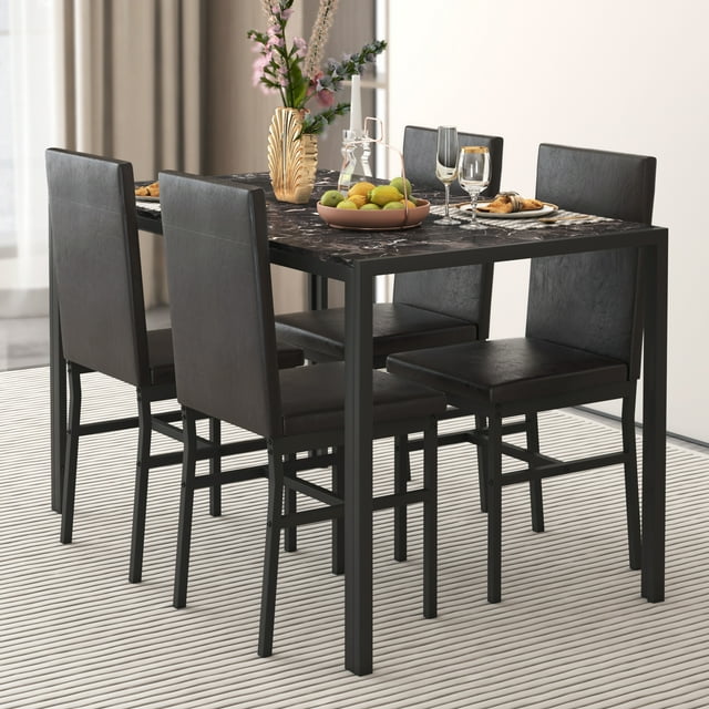 uhomepro Compact 5Piece Dining Set, Marble Top, Metal Frame, 4 Leather