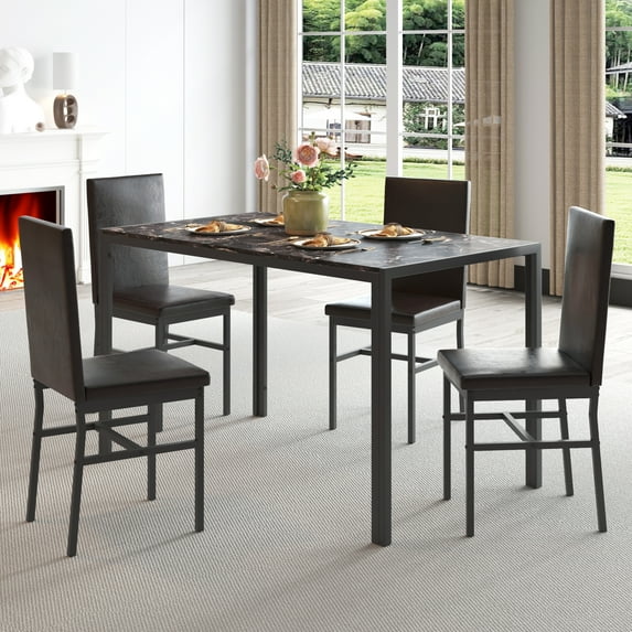uhomepro 5 Pieces Dining Table Set, Elegant Marble Top Kitchen Table and Chairs for 4, Upgraded Metal Frame Table and 4 Leather Chairs Perfect for Kitchen Breakfast Nook Bar Small Apartment