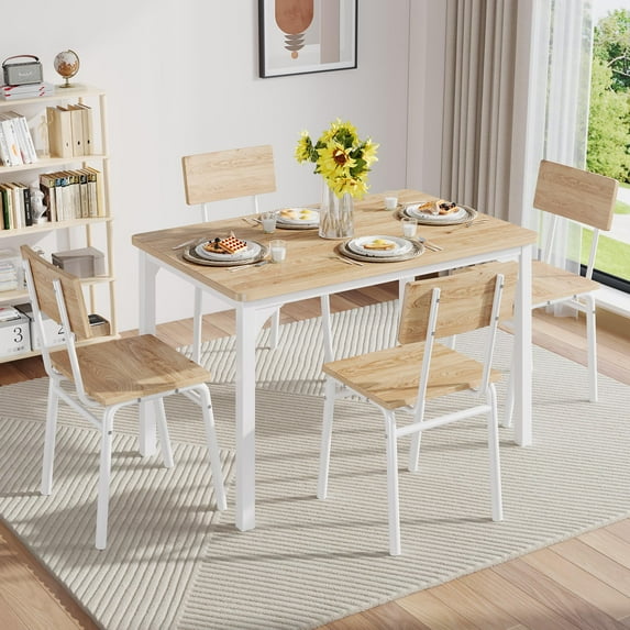UHOMEPRO Dining Table Set for 4, Farmhouse Wood Kitchen Table Set with Rectangle Table and 4 Wood Chairs, 5 Piece Dining Room Table Set for Dining Room, Kitchen and Apartment, Natural
