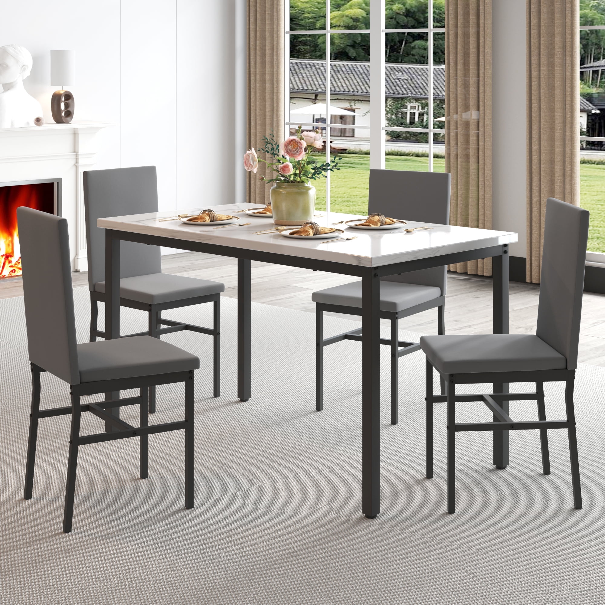 UHOMEPRO 5 Pieces Dining Table Set, Marble Top Dining Table and Chairs Set for 4, Gray Sturdy Iron Frame Dining Room Table Set with 4 Velvet Upholstered Chairs for Small Dining Room